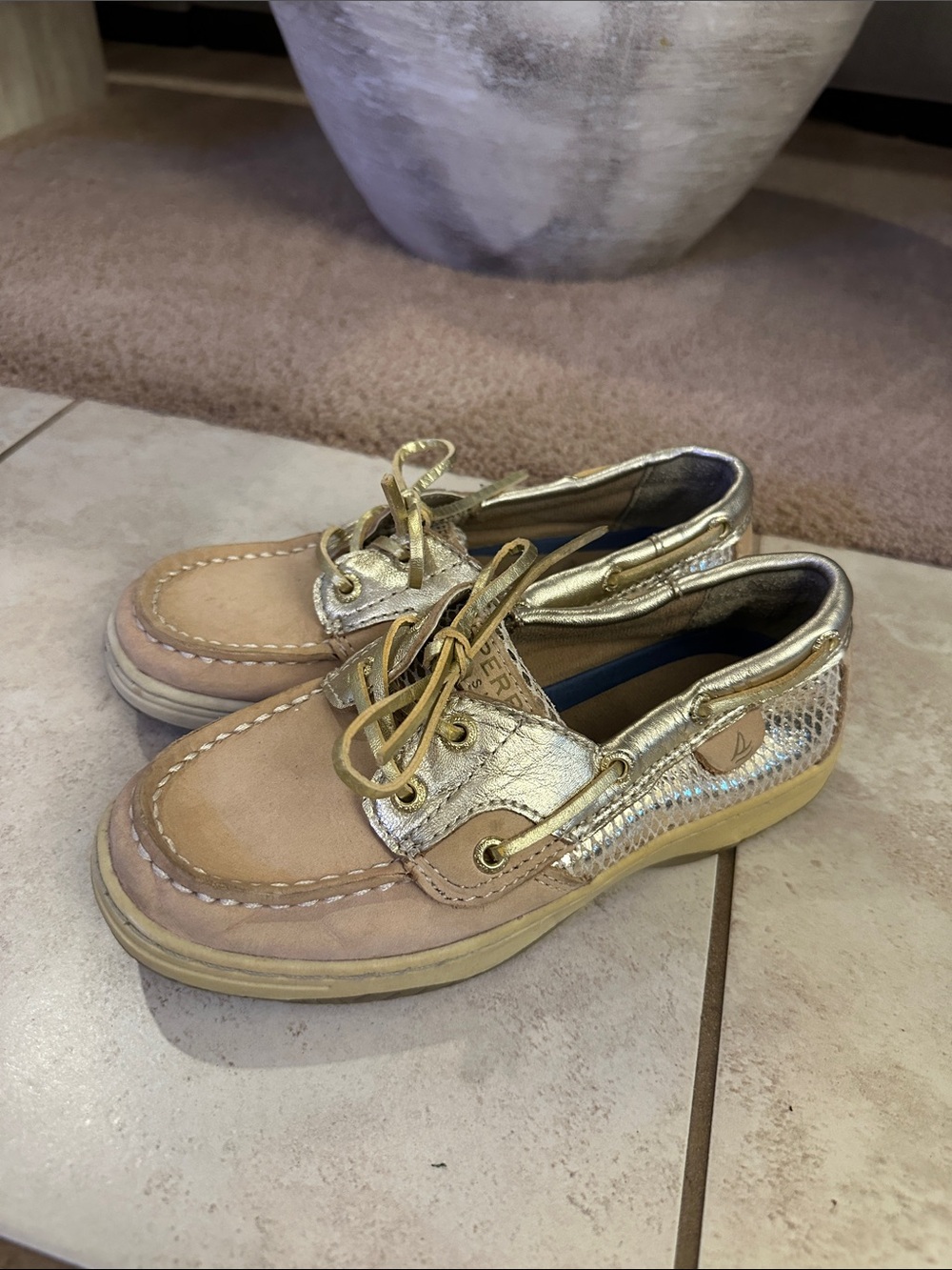 Girls Sperry Metallic Gold and Tan Boat Shoes